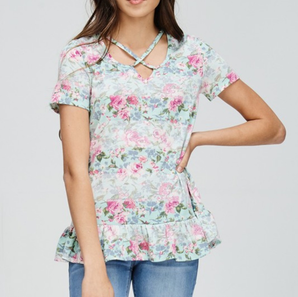 NWT Mint Floral Ruffle Top